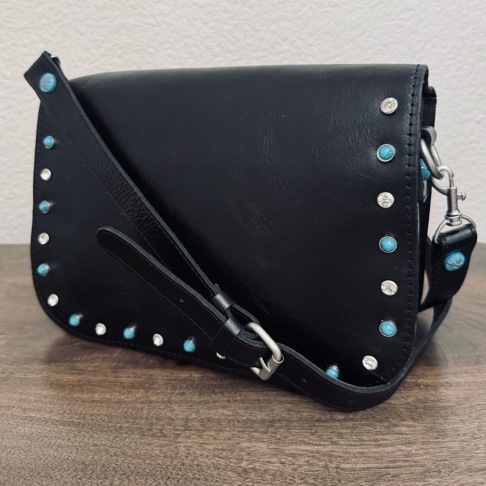 Patricia Nash Black Leather Turquoise Crystal Studded Crossbody Purse